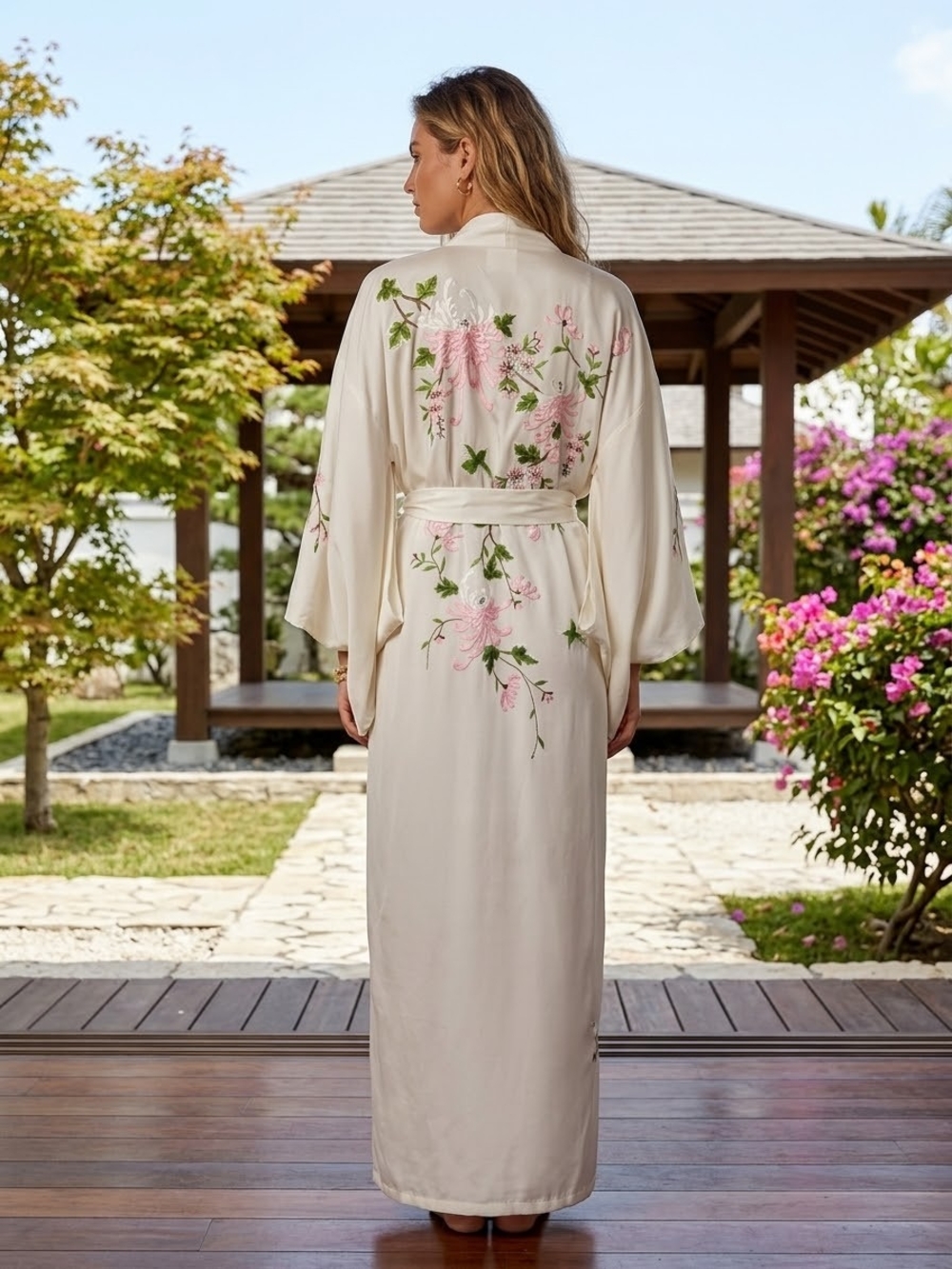 Vintage Made in Japan 100% Silky Ivory Embroidered Kimono Robe - Floral Long